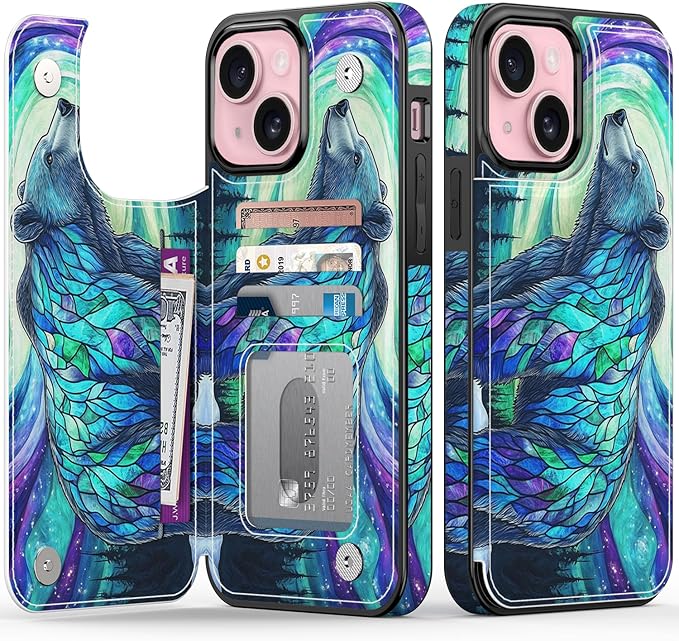 FUNMIKO for iPhone 14 Plus Wallet Case with Card Holder, RFID-Blocking, Military-Grade Protection & UV-Printed Artwork, Magnetic Closure with Leather Kickstand - Prismatic Aurora Bear