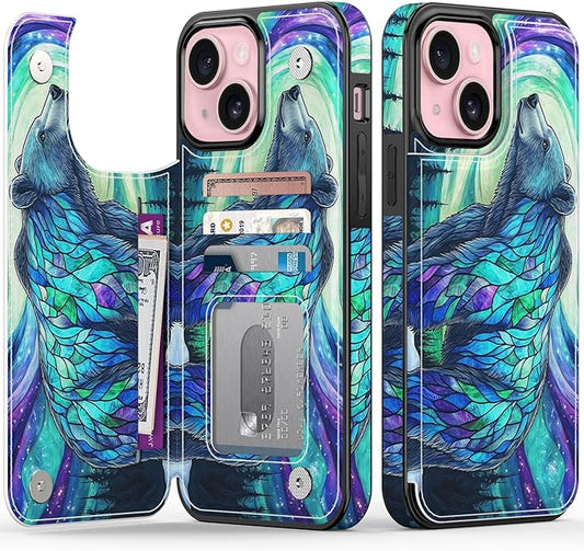FUNMIKO for iPhone 14 Plus Wallet Case with Card Holder, RFID-Blocking, Military-Grade Protection & UV-Printed Artwork, Magnetic Closure with Leather Kickstand - Prismatic Aurora Bear