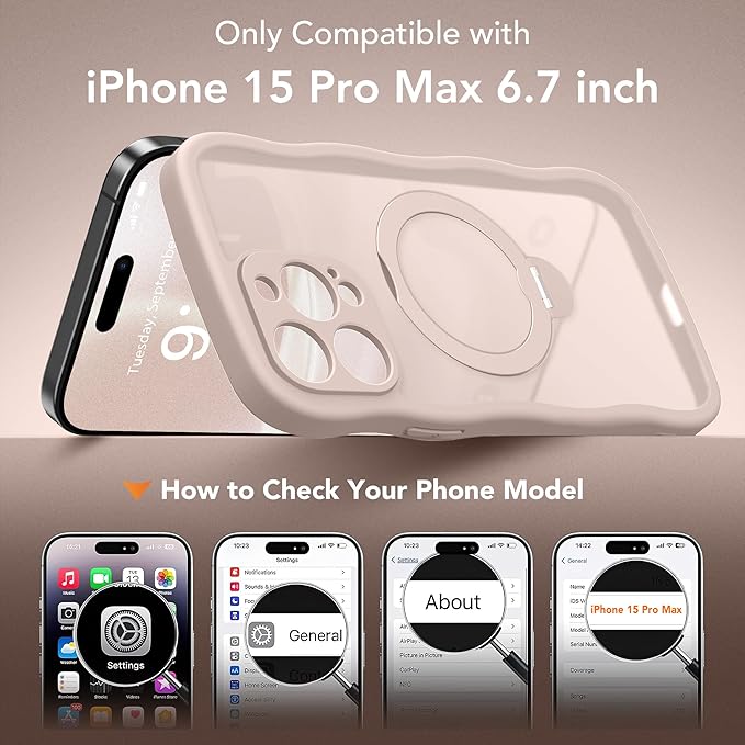 for iPhone 15 Pro Max Case,[Compatible with Magsafe][360°Magnetic Stand][Cute Wave Edge][18ft Military-Grade Protection] Translucent Matte Women Phone Cover for iPhone 15 Promax, Rose Gold