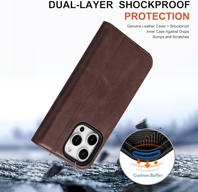 Case for iPhone 16 Pro Max 5G 2024-Genuine Leather Folio Wallet Magnetic Kickstand RFID Blocking Card Slots Shock-Absorbent Phone Cover Compatible with iPhone 16 Pro Max 6.9" (Darkbrown)