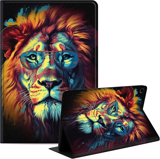 Case for Samsung Galaxy Tab A9+/A9 Plus 11” 2023 Model (SM-X210/X216/X218), Slim PU Leather Stand Cover with Auto Wake/Sleep, Multi-Angle Viewing & Shockproof, Lion with Glasses