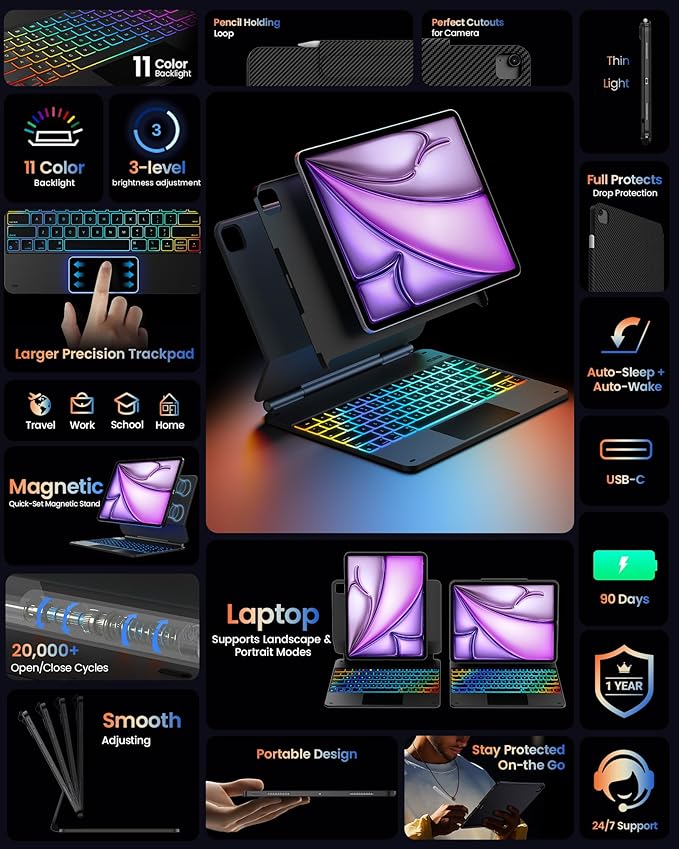 typecase Edge+ Keyboard Case for iPad Air 13-inch(M3 2025 / M2 2024),Ultra-Slim Detachable Case,Portrait & Typing Modes,Built-in Trackpad,11-Color Backlight,Magnetic Stand,Pencil Holder,Carbon Fiber