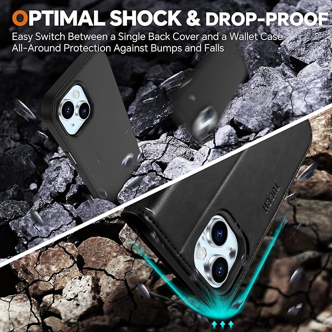 TUCCH Case Wallet for iPhone 15, Detachable 2-in-1 Kickstand RFID Blocking 4 Card Slot Wireless Charging Protective Case, Magnetic PU Leather Removable Cover Compatible with iPhone 15 6.1", Black