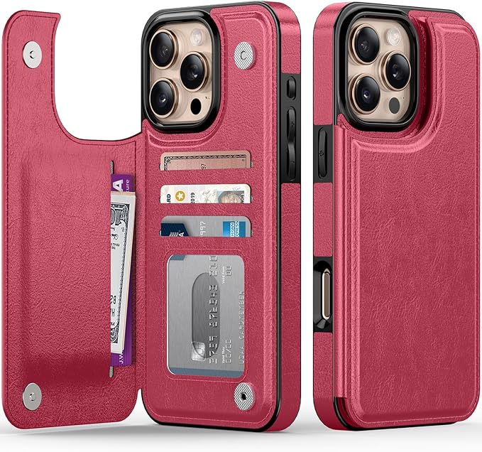 FUNMIKO for iPhone 16 Pro Max Wallet Case with Card Holder, RFID-Blocking, Military-Grade Protection & UV-Printed Artwork, Magnetic Closure with Leather Kickstand - Hot Pink