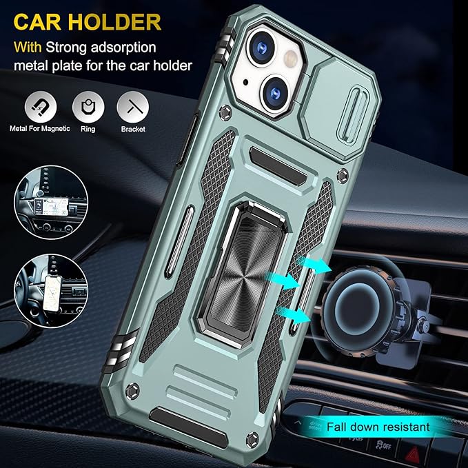 Phone Case for iPhone 14 Plus Case with Slide Camera Cover, with Finger Ring Holder Stand, fit Magnetic Car Mount, for iPhone 14 Plus (Alpine Green)