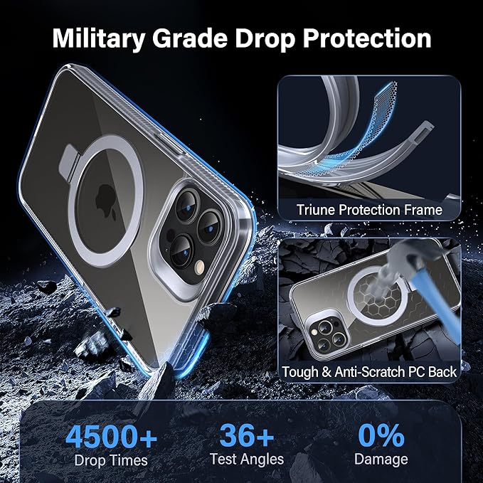 Magnetic Case for iPhone 15 Pro Max - [Built-in Invisible Stand] [Compatible with MagSafe] [Military Grade Drop Protection] Anti-Yellowing Hard Back Silicone Edge Cover, 6.7", Clear