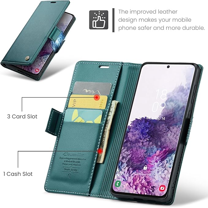 Case for Samsung Galaxy S20 Wallet Case, RFID Blocking PU Leather Flip Folio Cover Card Holder Kickstand Shockproof Phone Case Compatible with Samsung Galaxy S20, Blue Green