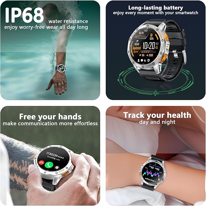 Military Smart Watch for Men & Women, 1.43" AMOLED Smartwatch with 100+ Sport Modes,Heart Rate Monitor, Compass, Flashlight, GPS, Compatible iOS & Android (Silver)