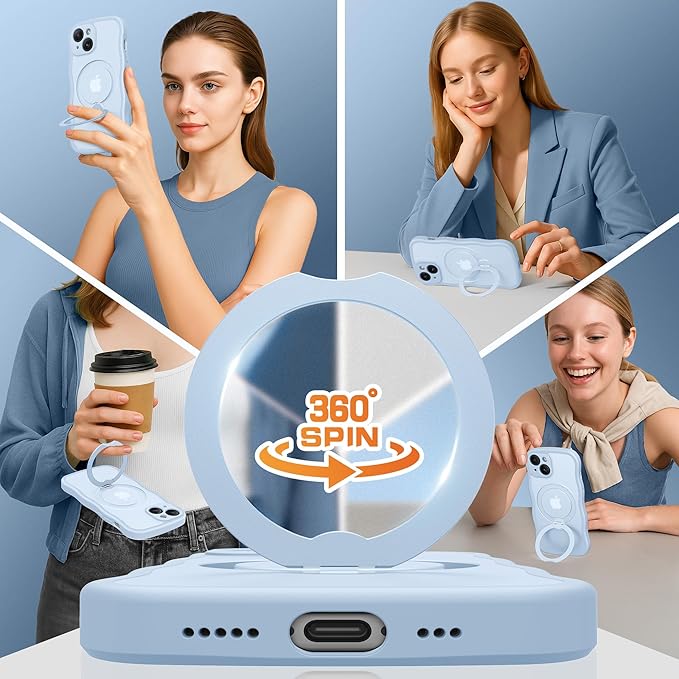 GolbinBox for iPhone 15 Plus Case for Women,[Compatible with Magsafe][360° Spin Magnetic Stand][Cute Wave Edge][Military-Grade Protection] Translucent Matte Phone Case for iPhone 15 Plus, Sky Blue