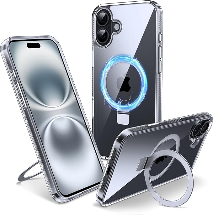 Magnetic Case for iPhone 16 - [Built-in Invisible Stand] [Compatible with MagSafe] [Military Grade Drop Protection] Anti-Yellowing Hard Back Silicone Edge Cover, 6.1", Clear