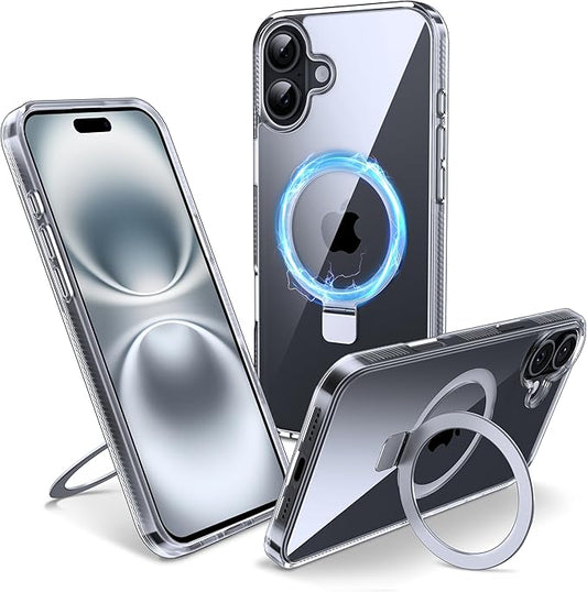 Magnetic Case for iPhone 16 - [Built-in Invisible Stand] [Compatible with MagSafe] [Military Grade Drop Protection] Anti-Yellowing Hard Back Silicone Edge Cover, 6.1", Clear