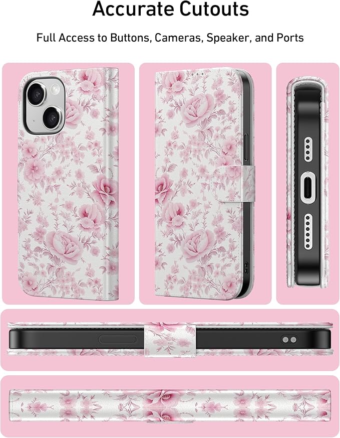 DEENAKIN for iPhone 15 Plus Wallet Case with Card Holder + Cash Clip, RFID-Blocking, Military-Grade Drop Protection, Magnetic Closure with Leather Kickstand - Blooming Pink Roses