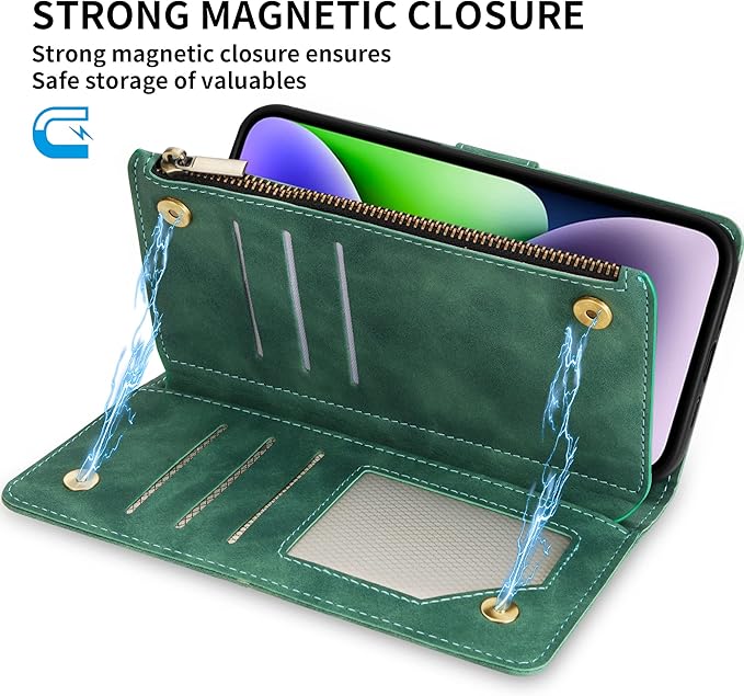 ZZXX for iPhone 14 Plus Case Wallet with [RFID Blocking] Card Slot Premium Soft PU Leather Zipper Flip Folio with Wrist Strap Kickstand Protective Cover for iPhone 14 Plus Wallet Case(Green-6.7 inch)