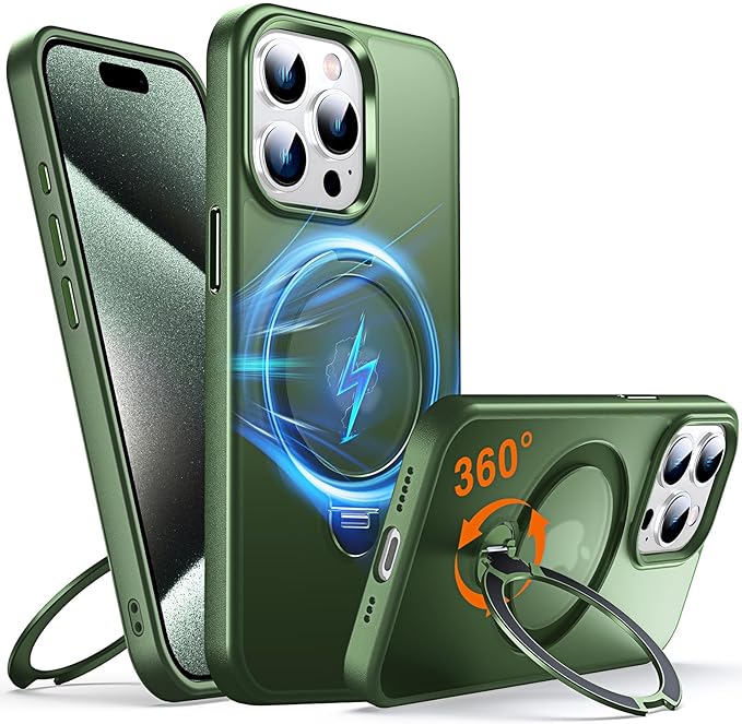 360° O-Ring MagStander for iPhone 15 Pro Case with Magnetic Kickstand Ring Holder [Compatible with MagSafe][360°Rotate Stand Ring][Military Shockproof] iPhone 15 Pro Phone Cover Matte Green
