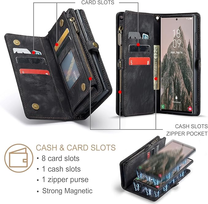 SZHAIYU 2 in 1 Detachable for Samsung Galaxy S24 Ultra Wallet Case with Card Holder, Retro Premium Flip Leather Cover Magnetic Zipper Pocket Phone Cases 6.8'' (Black, S24 Ultra)