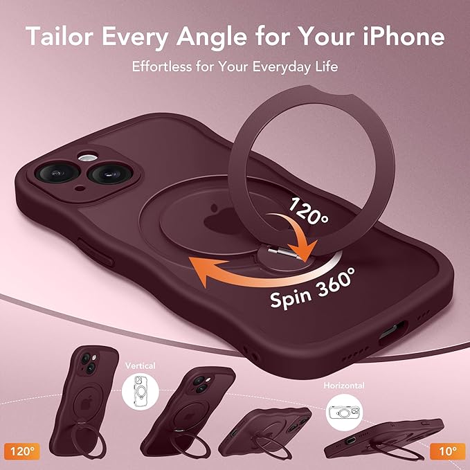 GolbinBox for iPhone 15 Plus Case for Women,[Compatible with Magsafe][360° Spin Magnetic Stand][Cute Wave Edge][Military-Grade Protection] Translucent Matte Phone Case for iPhone 15 Plus, Wine Red