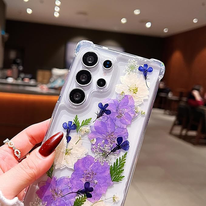 Compatible with Samsung Galaxy S25 Ultra Case Cute Pressed Dried Real Flowers Design Women Girly Shockproof Soft TPU Floral Clear Phone Cover for Galaxy S25 Ultra (Purple Flower)
