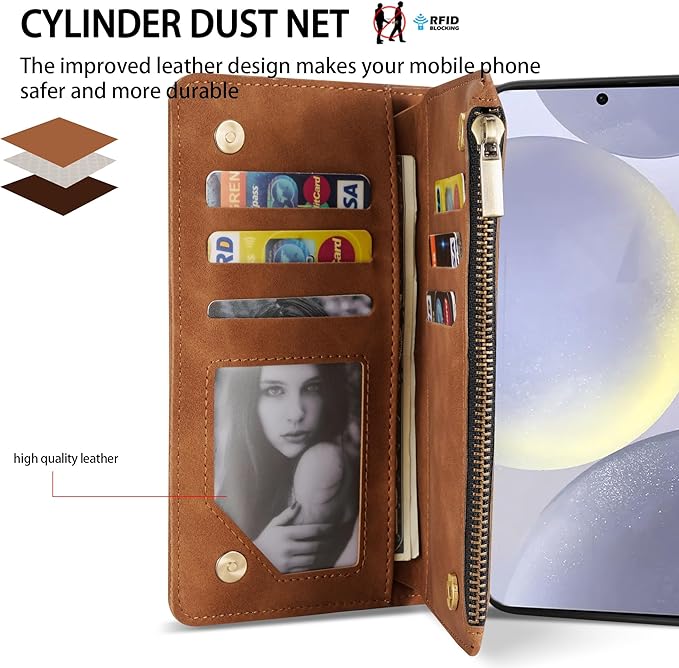 ZZXX for Samsung Galaxy S24 Plus Wallet Case with RFID Blocking Card Slot PU Leather Zipper Flip Folio with Strap Kickstand Protective Cover for Samsung Galaxy S24+ Case Wallet(Brown-6.7 inch)