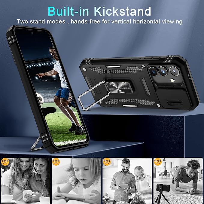DEERLAMN Case for Samsung Galaxy S25 FE 6.7-Inch with Slide Camera Cover+Screen Protector(1 Pack), Rotated Ring Kickstand Military Grade Shockproof Protective Cover-Black