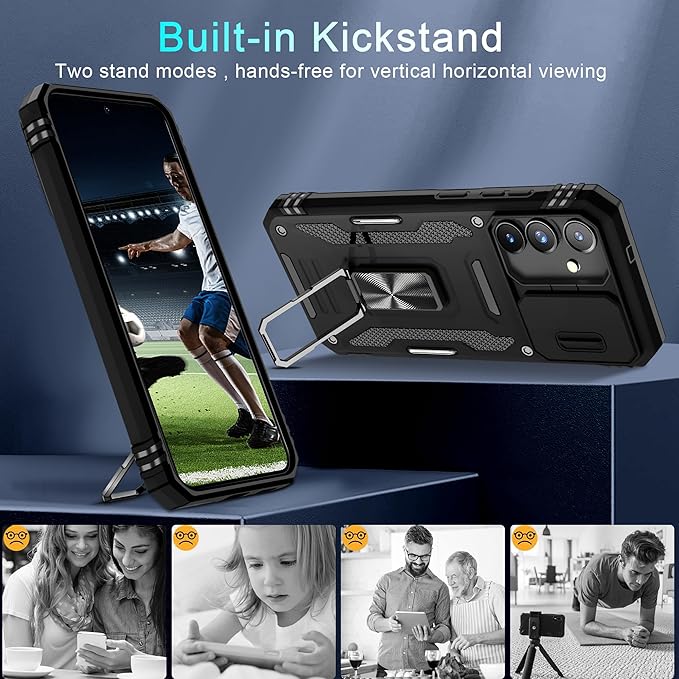 DEERLAMN Case for Samsung Galaxy S25 6.2-Inch with Slide Camera Cover+Screen Protector (1 Pack), Rotated Ring Kickstand Military Grade Shockproof Protective Cover-Black
