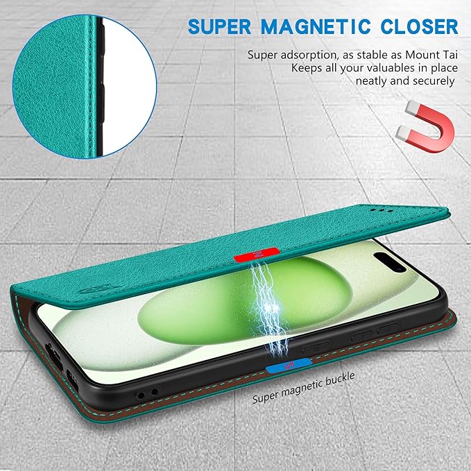 ZZXX for iPhone 15 Plus Wallet Case with [RFID Blocking] Card Slot Stand Strong Magnetic Leather Flip Fold Protective Phone Case for iPhone 15 Plus Case Wallet(Lake Blue-6.7 inch)