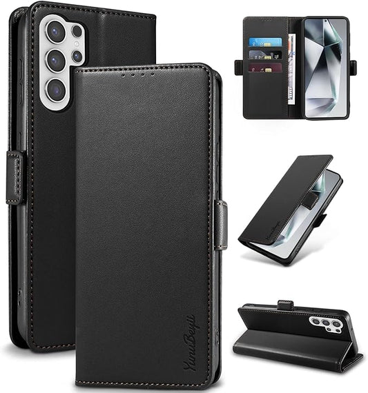 Wallet Flip Case for Samsung Galaxy S25 Ultra 5G - [RFID Blocking] Luxury PU Leather Card Holder Magnetic Phone Cover with Kickstand,Shockproof Protective Case,Black