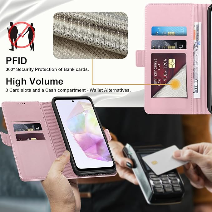 Wallet Flip Case for Samsung Galaxy A35 5G - [RFID Blocking] Luxury PU Leather Card Holder Magnetic Phone Cover with Kickstand,Shockproof Protective Case,Pink