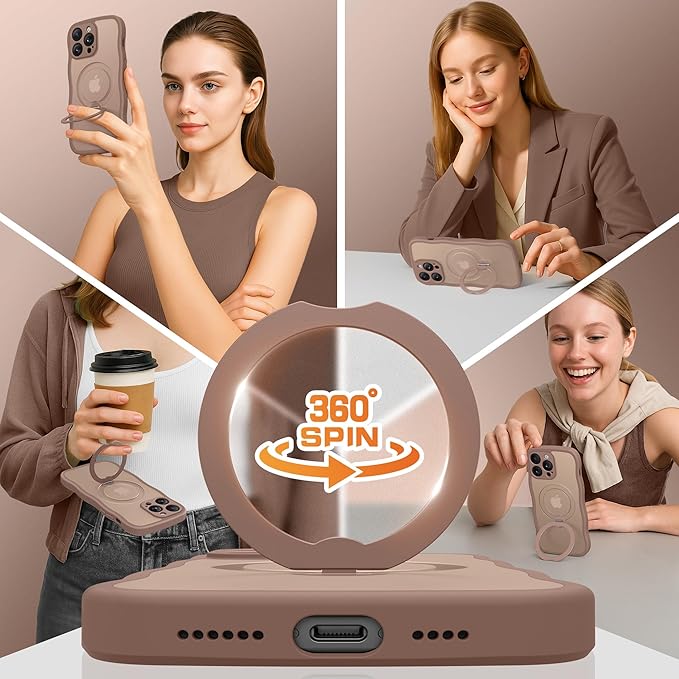 GolbinBox for iPhone 14 Pro Max Case for Women,[Compatible with Magsafe][360° Spin Magnetic Stand][Cute Wave Edge][Military-Grade Protection] Translucent Matte Phone Case for iPhone 14 ProMax, Brown