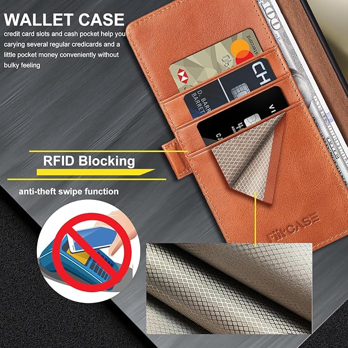 Case for Galaxy S25 Ultra 6.9"-Genuine Leather Folio Wallet Case with Kickstand RFID Blocking Card Holder Magnetic Protective Phone Cover Compatible with Galaxy S25 Ultra 2025 (Brown)