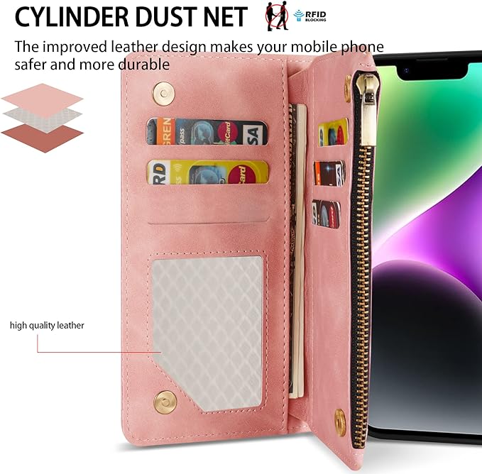 ZZXX for iPhone 14 Case Wallet with [RFID Blocking] Card Slot Premium Soft PU Leather Zipper Flip Folio with Wrist Strap Kickstand Protective Phone Cover for iPhone 14 Wallet Case(Pink-6.1 inch)