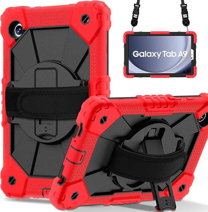 for Samsung Galaxy Tab A9 Case 8.7 inch (SM-X110/X115/X117), Heavy Duty Shockproof Silicone Cover Rugged 360 Stand Hand Shoulder Strap for Galaxy A9 Tablet Red+Black