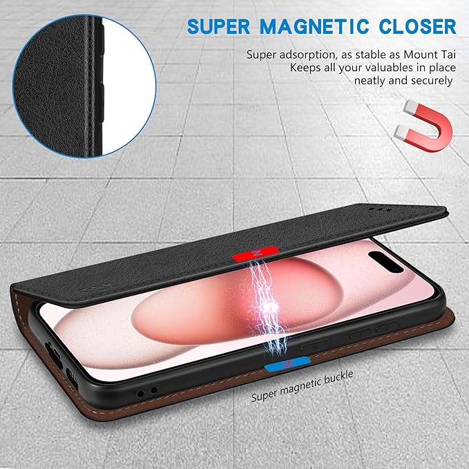 ZZXX for iPhone 15 Wallet Case with [RFID Blocking] Card Slot Stand Strong Magnetic Leather Flip Fold Protective Phone Case for iPhone 15 Case Wallet(Black-6.1 inch)