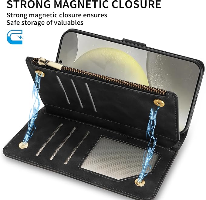 ZZXX for Samsung Galaxy S24 Wallet Case with RFID Blocking Card Slot PU Leather Zipper Flip Folio with Strap Kickstand Protective Cover for Samsung Galaxy S24 Case Wallet(Black-6.2 inch)