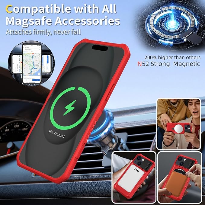 for iPhone 15 Case Magnetic Compatible with MagSafe Wireless Charging,with 2 Screen Protectors,for 15 Case Built-in Kickstand+Camera Cover Anti-Scratch Shockproof Heavy Duty Protection Red