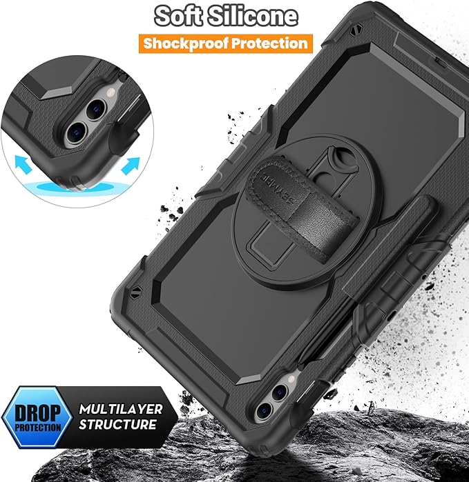 SEYMAC Case for Samsung Galaxy Tab S10+ Plus 2024/ S9 FE+ Plus/ S9+ Plus 12.4" 2023, Heavy Duty Shockproof Protective Case with Screen Protector, Stand, Hand/Shoulder Strap and Pen Holder, Black