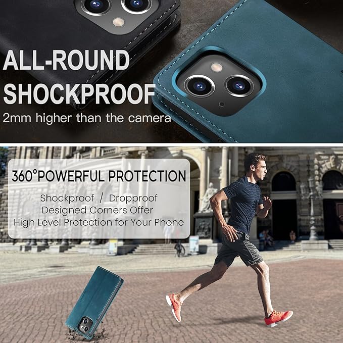 for iPhone 15 Case, Flip Wallet Leather Case with Card Holder Magnetic Closure Shockproof Kickstand Protective Phone Cases Cover for iPhone 15, Blue-Green