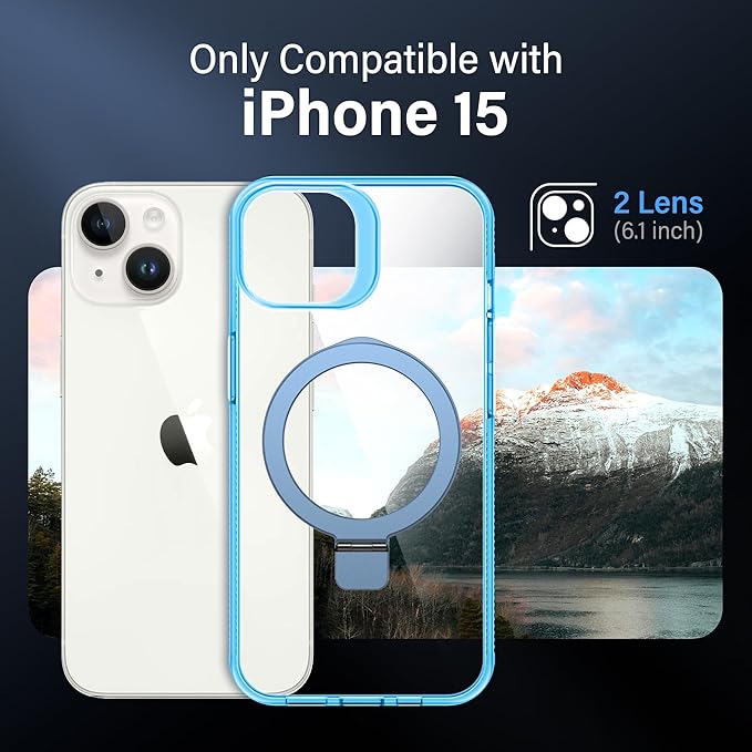 Magnetic Case for iPhone 15 - [Built-in Invisible Stand] [Compatible with MagSafe] [Military Grade Drop Protection] Anti-Yellowing Hard Back Silicone Edge Cover, 6.1", Clear Blue