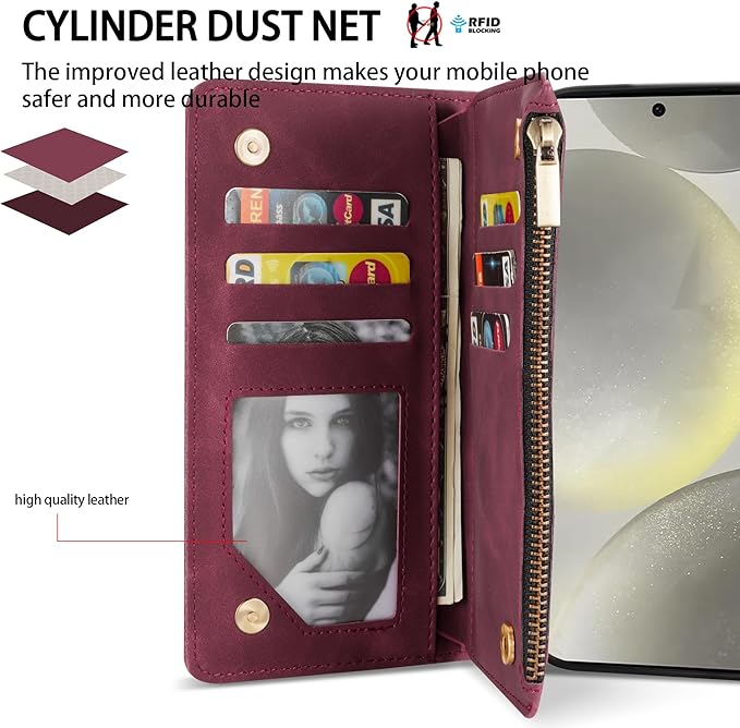 ZZXX for Samsung Galaxy S24 Wallet Case with RFID Blocking Card Slot PU Leather Zipper Flip Folio with Strap Kickstand Protective Cover for Samsung Galaxy S24 Case Wallet(Wine Red-6.2 inch)
