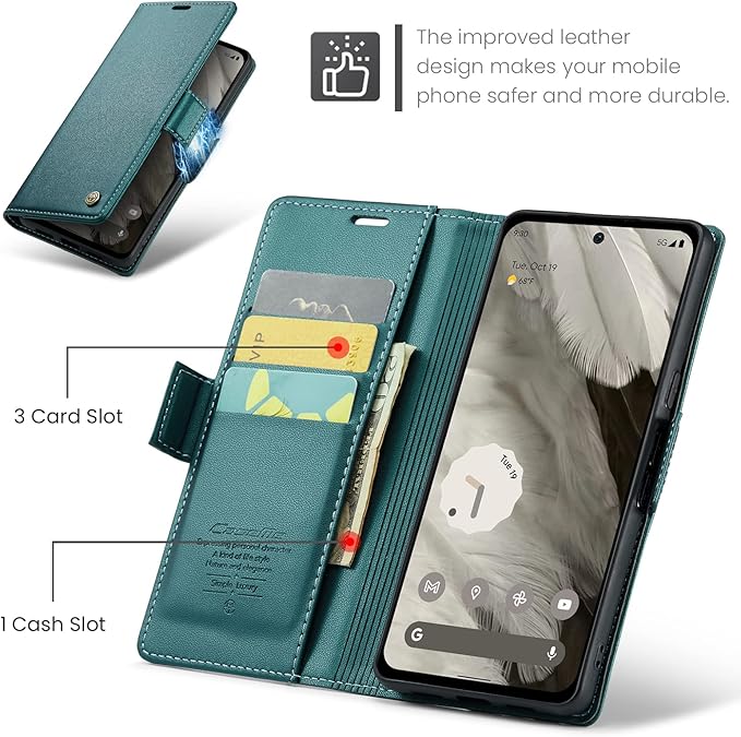 for Google Pixel 8 Case, Premium PU Leather Wallet Case Flip Cover with [RFID Blocking][Card Holder][Stand Function] Shockproof Protective for Google 8, Blue-Green