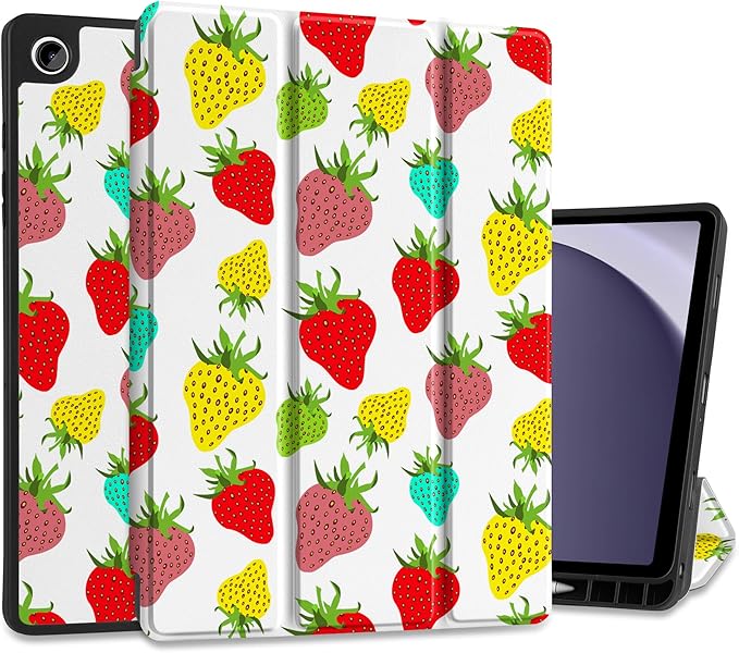 MEEgoodo Case for Samsung Galaxy Tab A9 Plus 11 inch Cover 2024 2023 with S Pen Holder,A9+ Smart Tablet Cases with Leather Trifold Stand+Soft TPU Back Shell+Smart Auto Wake/Sleep,Colorful Strawberries