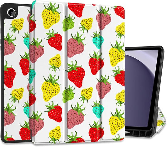 MEEgoodo Case for Samsung Galaxy Tab A9 Plus 11 inch Cover 2024 2023 with S Pen Holder,A9+ Smart Tablet Cases with Leather Trifold Stand+Soft TPU Back Shell+Smart Auto Wake/Sleep,Colorful Strawberries