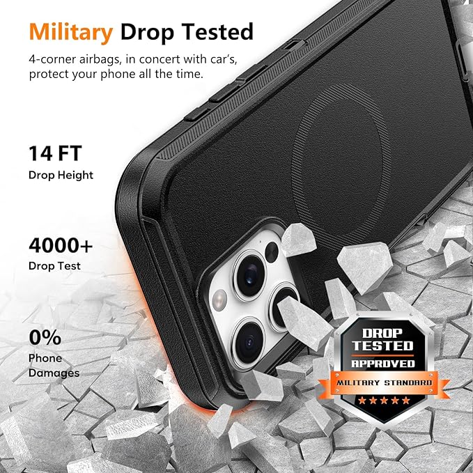 for iPhone 16 Pro Max Case with Belt Clip Holster, Anti-Shock, Anti-Slip, Compatible with MagSafe, 3-Layer Drop Protection, Heavy Duty Magnetic Phone Case Cover for16 Pro Max, 6.9", Black