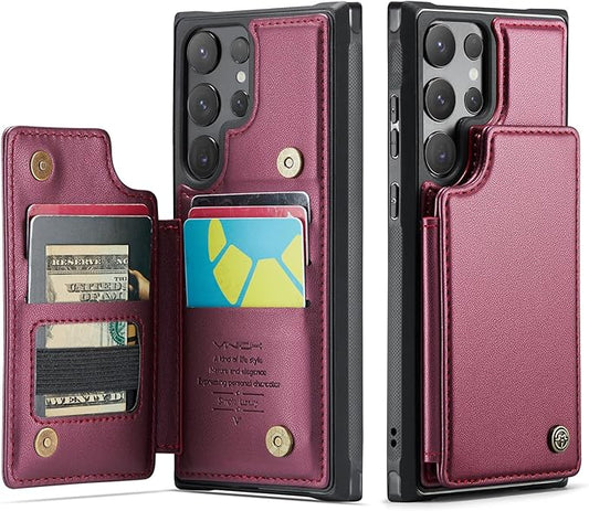 Vinich for Samsung Galaxy S24 Ultra Wallet Case with Card Holder, RFID Blocking Credit Slots Kickstand Shockproof Phone Cover for Women Men, Wine Red