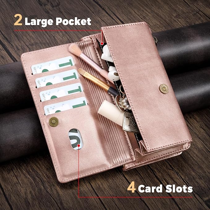 for iPhone 14 Pro Max Wallet Phone Case with 8 Card Holder,RFID Blocking | PU Leather | Kickstand | Flip | Wrist Strap&Shoulder Strap | Shockproof | Zipper Wallet | Women Men | 6.7" | Rose Gold