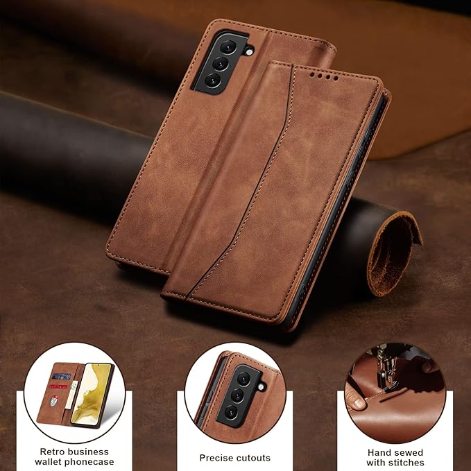 Jasonyu Flip Wallet Case for Samsung Galaxy S22 Plus,Leather Magnetic Folio Cover with Card Holder,Kickstand - TPU Shockproof Durable Protective Phone Case,Brown