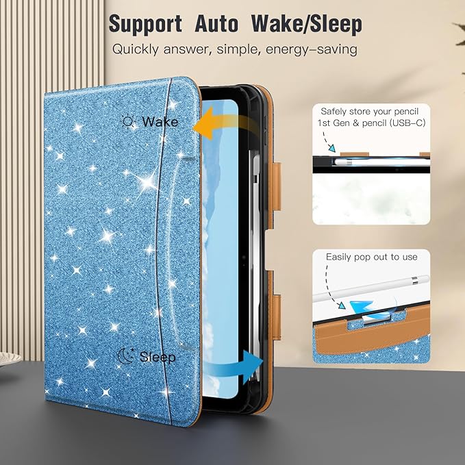 MoKo for iPad (A16) 11th Generation Case 11 inch 2025, iPad 10th Generation Case 10.9" 2022 with Pencil Holder & Pocket, Premium Leather Folio Stand Cover, Multiple Viewing Angles,Glitter Sky Blue