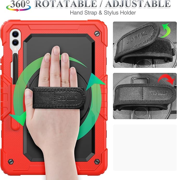 SEYMAC Stock Case for Samsung Galaxy Tab S10 Plus/S9 Plus 5G Tablet 12.4'' with Screen Protector & Pencil Holder, 360 Rotating Hand Strap & Stand, Drop-Proof, Red