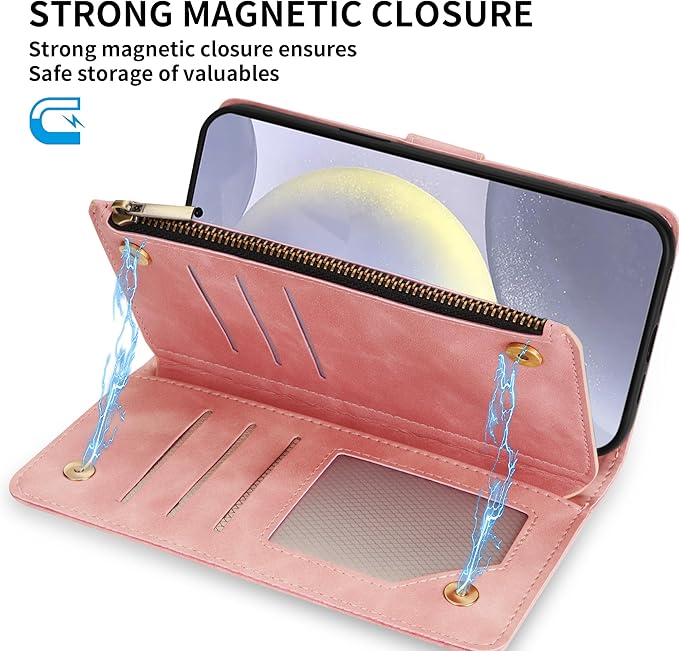 ZZXX for Samsung Galaxy S24 Plus Wallet Case with RFID Blocking Card Slot PU Leather Zipper Flip Folio with Strap Kickstand Protective Cover for Samsung Galaxy S24+ Case Wallet(Pink-6.7 inch)