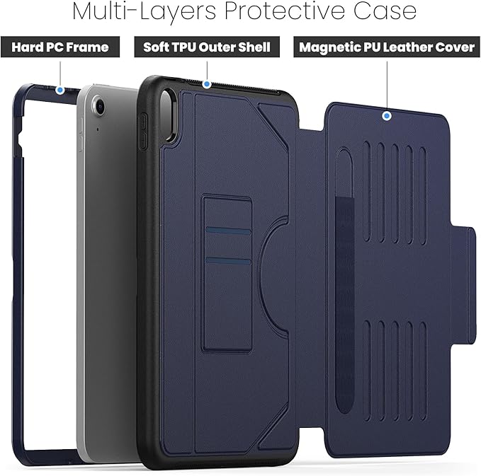 Magnetic A16 Case for iPad 10.9 Inch Case iPad 11th/10th Generation(A16)Slim with Strong Magnetic Pen Holder[Auto Sleep/Wake]Cover 11th/10th Gen Absorbing Pad Stand,Card Slot,Business Navy Blue
