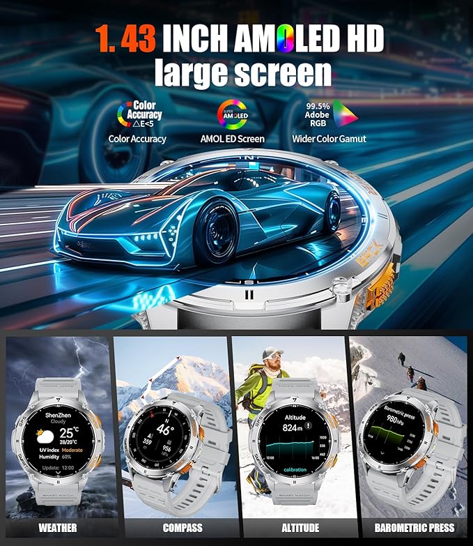 GPS Smart Watch for Men LED Flashlight, 530mAh Extra Large Battery, 1.43'' AMOLED Military Smartwatch Answer/Make Call with Heart Rate SpO2 Sleep Monitor for Android iOS Silver